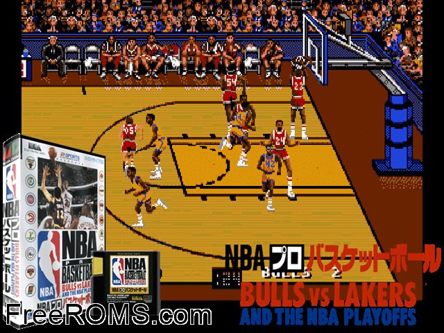 NBA Pro Basketball - Bulls vs Lakers (Japan) Genesis game showing 3D box cover and gameplay screenshot