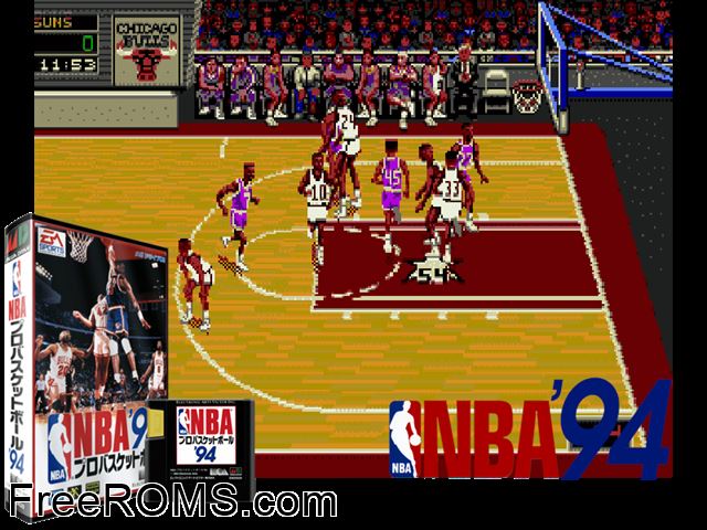 NBA Pro Basketball '94 (Japan) Genesis game showing 3D box cover and gameplay screenshot