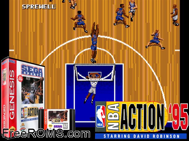 NBA Action '95 Genesis game showing 3D box cover and gameplay screenshot