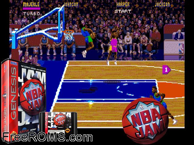 NBA Jam Genesis game showing 3D box cover and gameplay screenshot