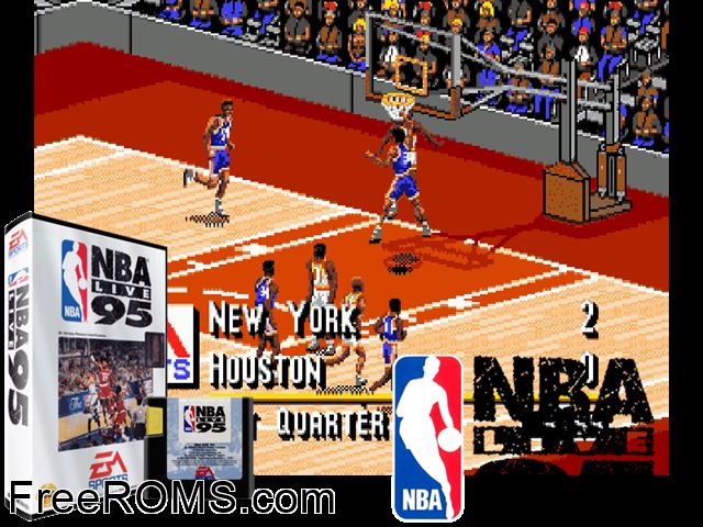 NBA Live 95 Genesis game showing 3D box cover and gameplay screenshot