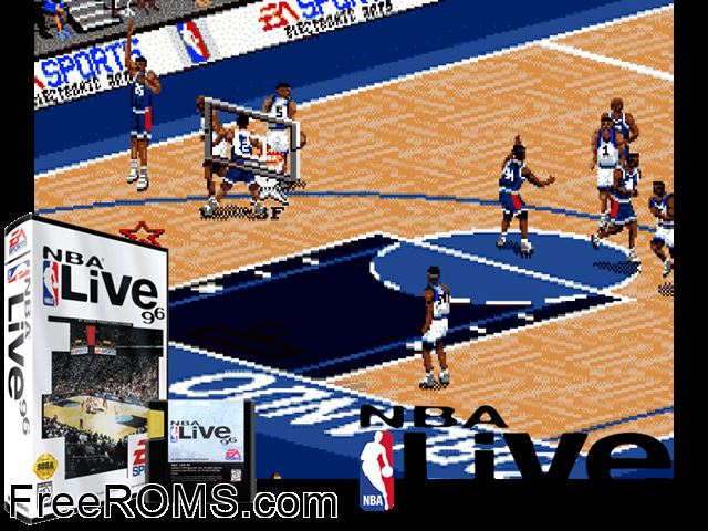 NBA Live 96 Genesis game showing 3D box cover and gameplay screenshot
