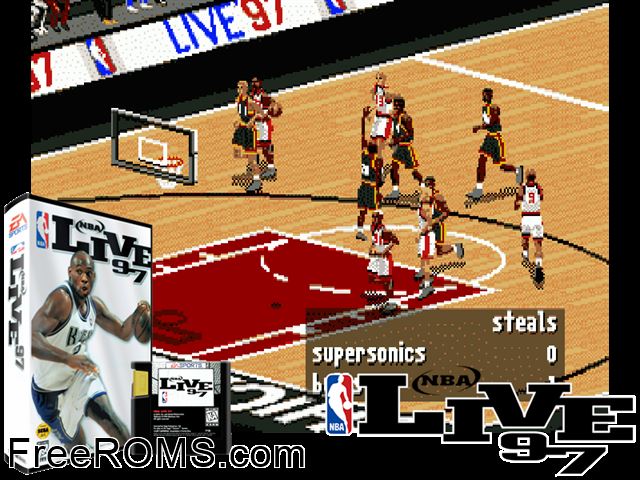 NBA Live 97 Genesis game showing 3D box cover and gameplay screenshot