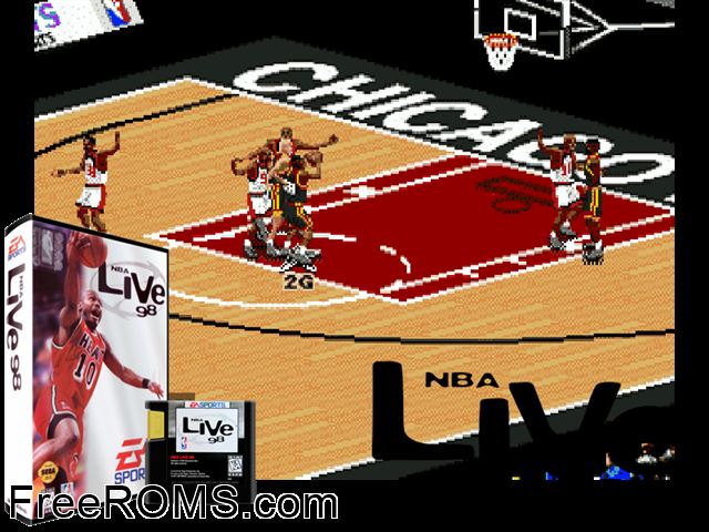 NBA Live 98 Genesis game showing 3D box cover and gameplay screenshot