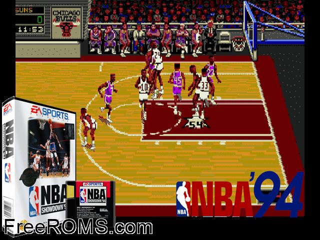 NBA Showdown 94 Genesis game showing 3D box cover and gameplay screenshot