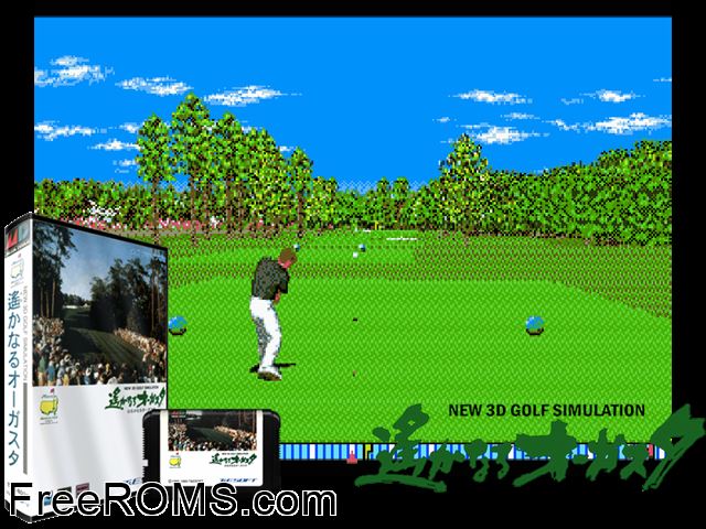 New 3D Golf Simulation Harukanaru Augusta (Japan) Genesis game showing 3D box cover and gameplay screenshot