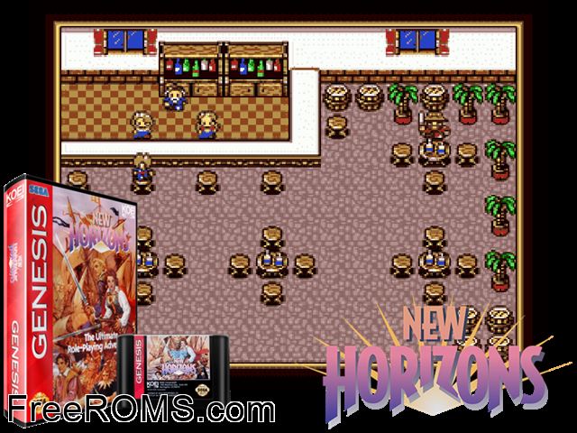New Horizons Genesis game showing 3D box cover and gameplay screenshot
