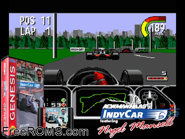 Newman-Haas Indy Car Racing Genesis game showing 3D box cover and gameplay screenshot