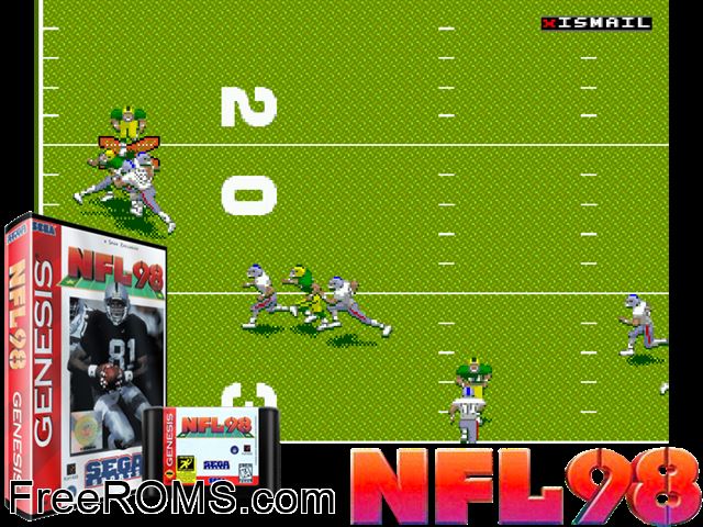 NFL 98 Genesis game showing 3D box cover and gameplay screenshot