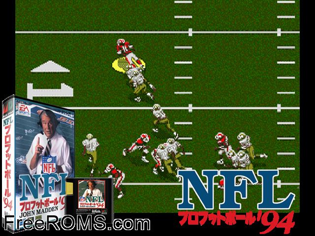 NFL Football '94 Starring Joe Montana (Japan) Genesis game showing 3D box cover and gameplay screenshot