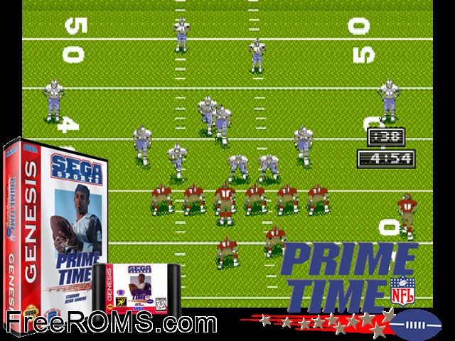 NFL Prime Time Genesis game showing 3D box cover and gameplay screenshot