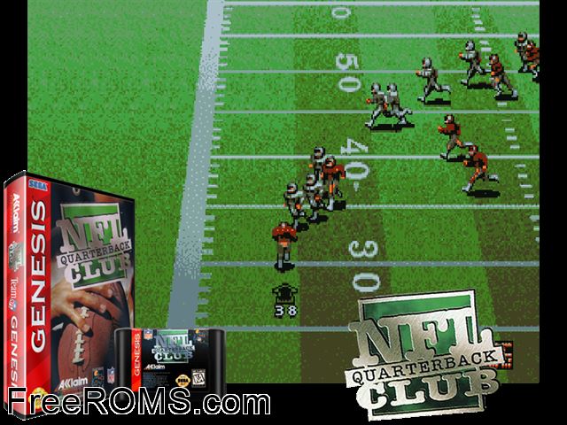 NFL Quarterback Club Genesis game showing 3D box cover and gameplay screenshot