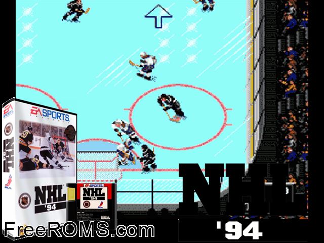 NHL Hockey 94 Genesis game showing 3D box cover and gameplay screenshot