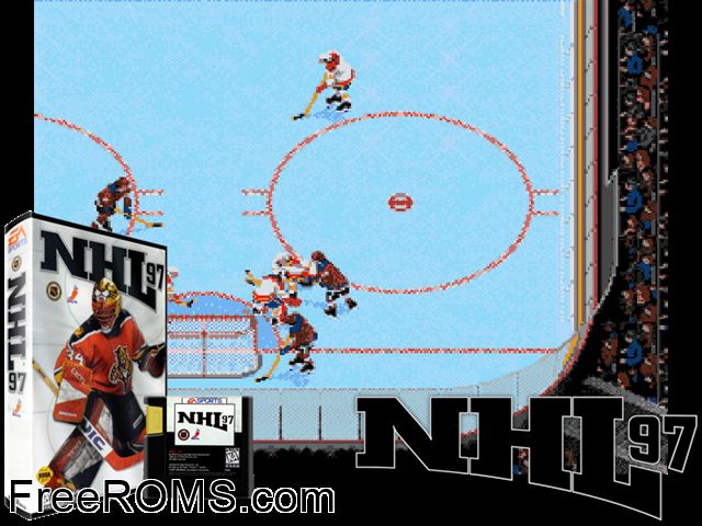 NHL Hockey 97 Genesis game showing 3D box cover and gameplay screenshot