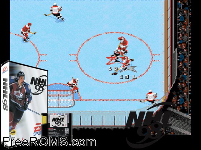 NHL Hockey 98 Genesis game showing 3D box cover and gameplay screenshot