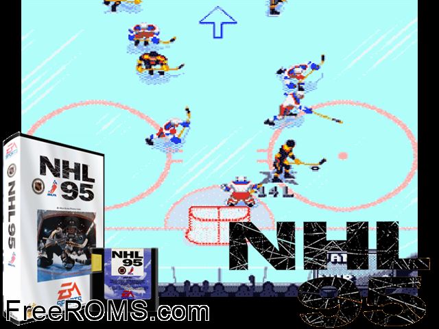 NHL 95 Genesis game showing 3D box cover and gameplay screenshot