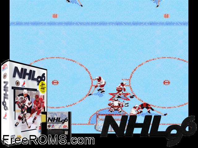 NHL 96 Genesis game showing 3D box cover and gameplay screenshot
