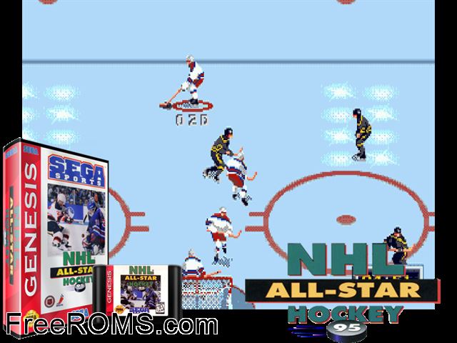 NHL All-Star Hockey '95 Genesis game showing 3D box cover and gameplay screenshot