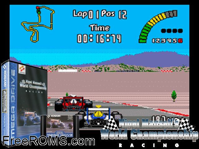 Nigel Mansell's World Championship Genesis game showing 3D box cover and gameplay screenshot