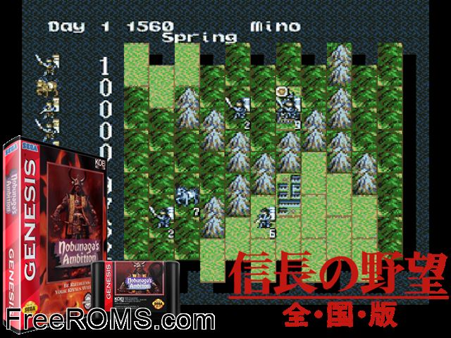 Nobunaga's Ambition Genesis game showing 3D box cover and gameplay screenshot
