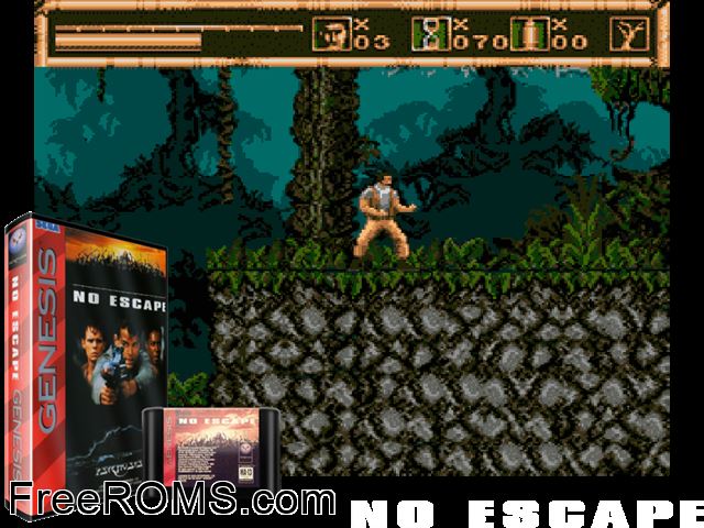 No Escape Genesis game showing 3D box cover and gameplay screenshot