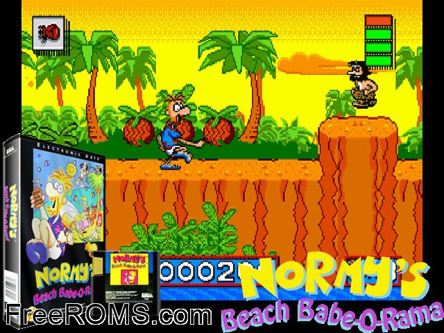 Normy's BeachBabe-o-Rama Genesis game showing 3D box cover and gameplay screenshot