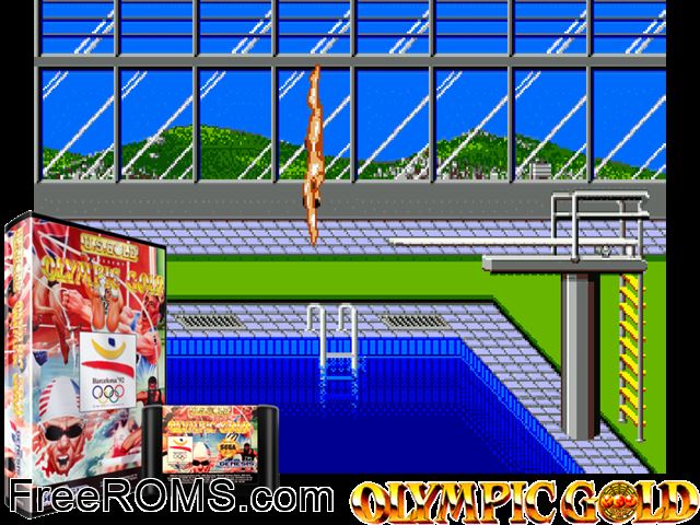 Olympic Gold - Barcelona 92 (Japan) Genesis game showing 3D box cover and gameplay screenshot