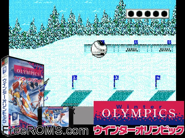 Olympic Winter Games - Lillehammer 94 (Japan) Genesis game showing 3D box cover and gameplay screenshot