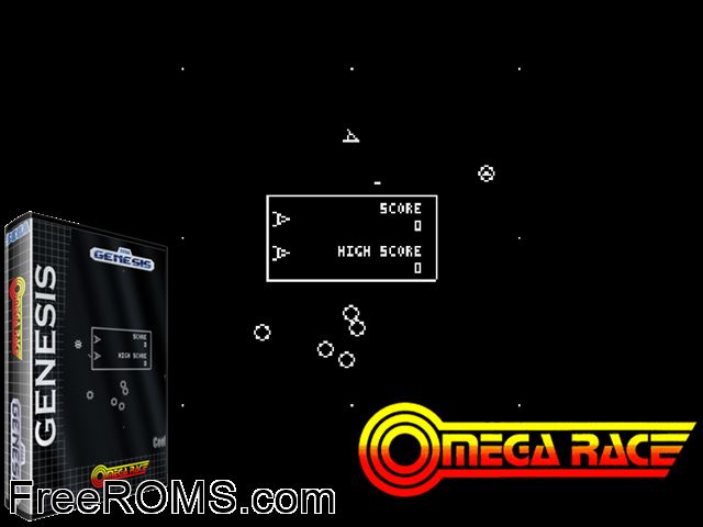 Omega Race Genesis game showing 3D box cover and gameplay screenshot