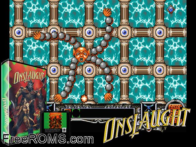 Onslaught Genesis game showing 3D box cover and gameplay screenshot