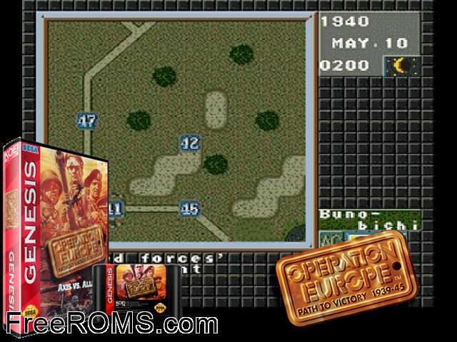 Operation Europe - Path to Victory 1939-45 Genesis game showing 3D box cover and gameplay screenshot