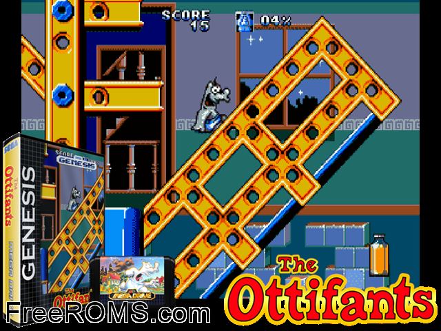 Ottifants Genesis game showing 3D box cover and gameplay screenshot