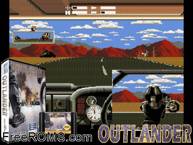 Outlander Genesis game showing 3D box cover and gameplay screenshot