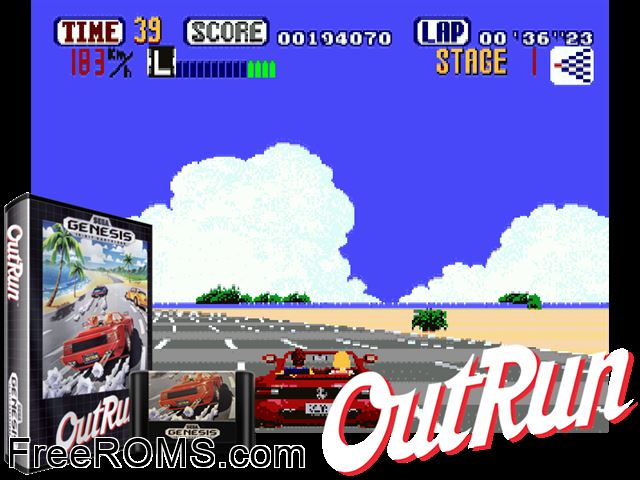 OutRun Genesis game showing 3D box cover and gameplay screenshot