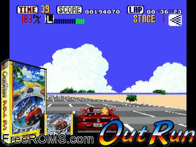 OutRun (Japan) Genesis game showing 3D box cover and gameplay screenshot