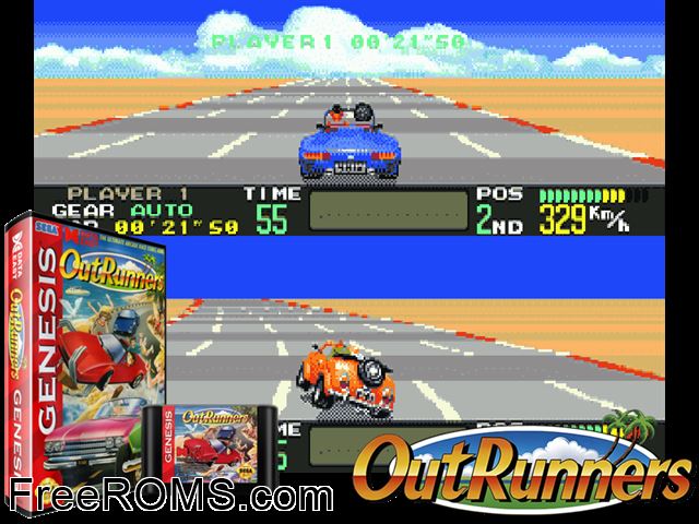 Outrunners Genesis game showing 3D box cover and gameplay screenshot