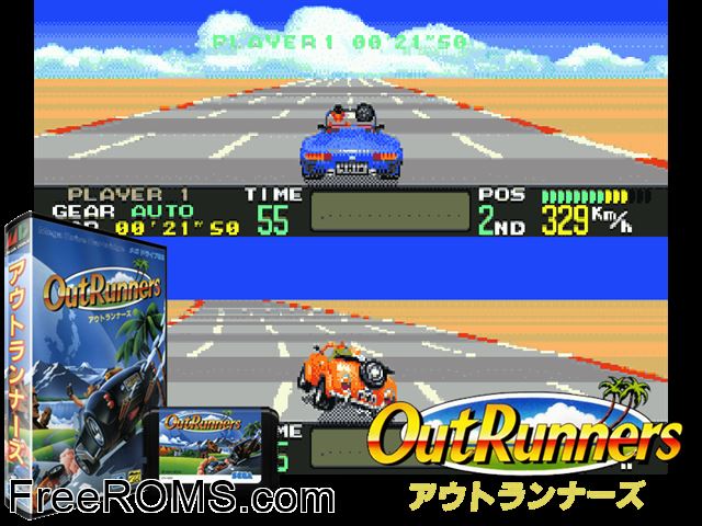 OutRunners (Japan) Genesis game showing 3D box cover and gameplay screenshot