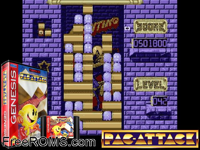 Pac-Attack Genesis game showing 3D box cover and gameplay screenshot