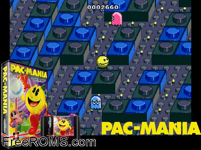 Pac-Mania Genesis game showing 3D box cover and gameplay screenshot