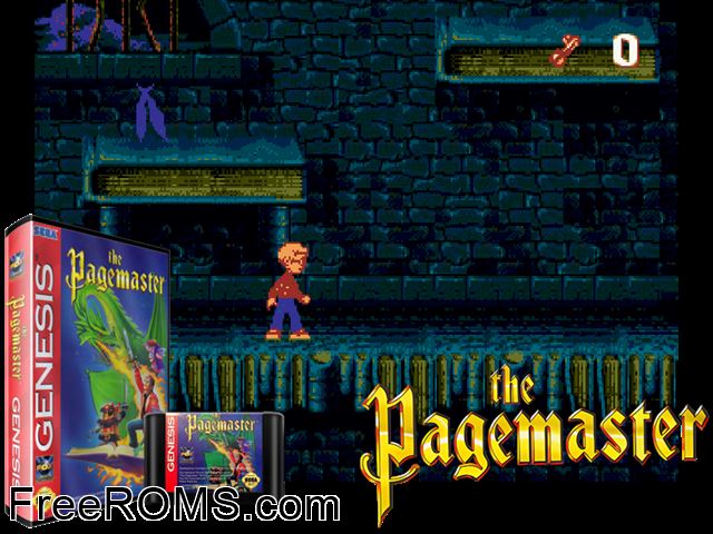 Pagemaster Genesis game showing 3D box cover and gameplay screenshot