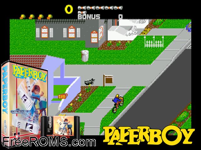 Paperboy Genesis game showing 3D box cover and gameplay screenshot