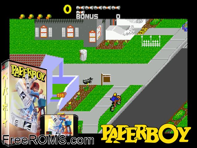 Paperboy (Japan) Genesis game showing 3D box cover and gameplay screenshot