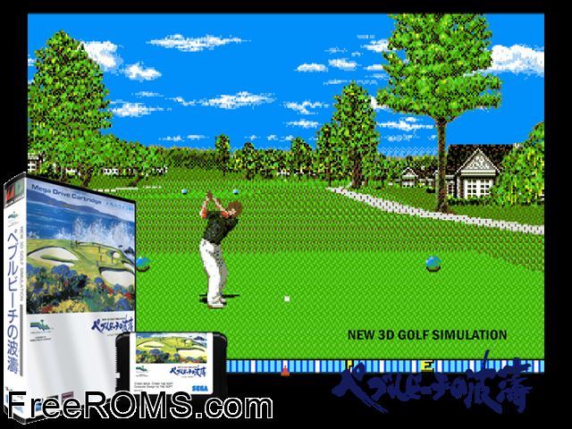 Pebble Beach no Hatou (Japan) Genesis game showing 3D box cover and gameplay screenshot