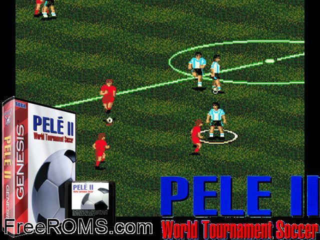 Pele's World Tournament Soccer Genesis game showing 3D box cover and gameplay screenshot