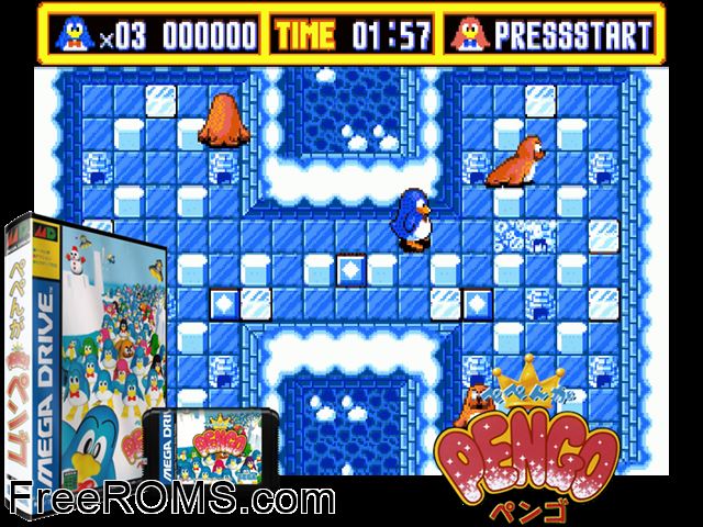 Pengo (Japan) Genesis game showing 3D box cover and gameplay screenshot