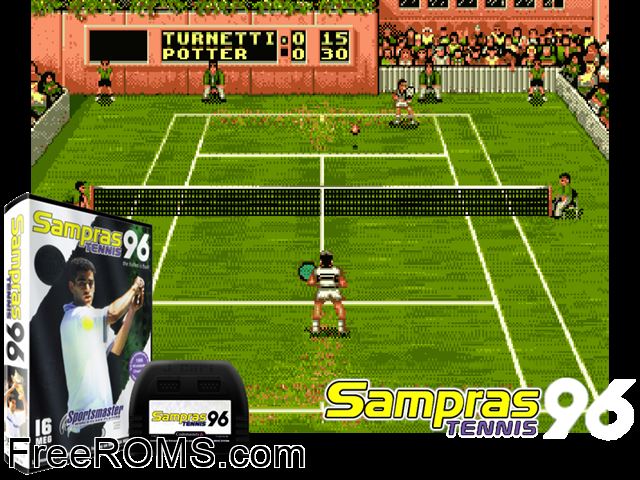 Pete Sampras Tennis 96 Genesis game showing 3D box cover and gameplay screenshot