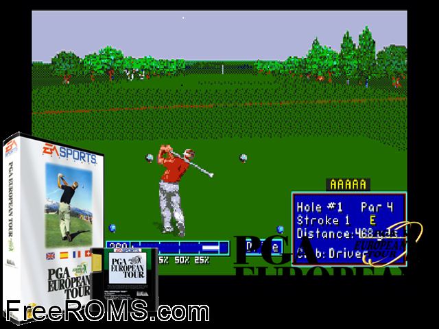 PGA European Tour Genesis game showing 3D box cover and gameplay screenshot