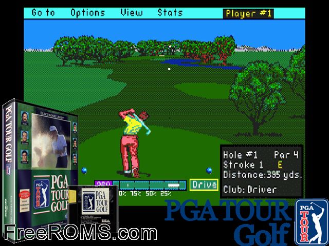 PGA Tour Golf Genesis game showing 3D box cover and gameplay screenshot