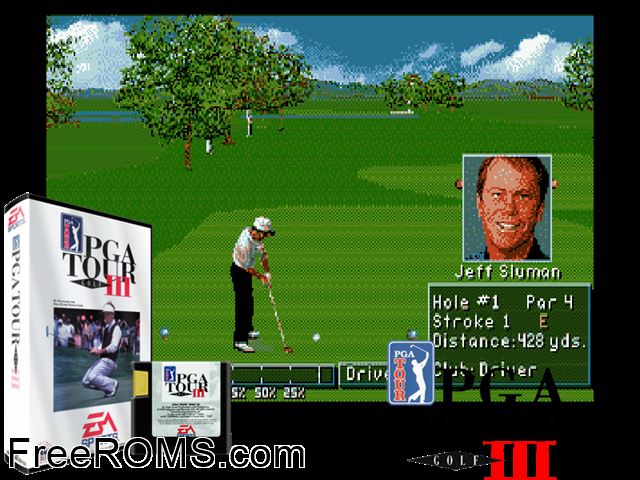 PGA Tour Golf III Genesis game showing 3D box cover and gameplay screenshot