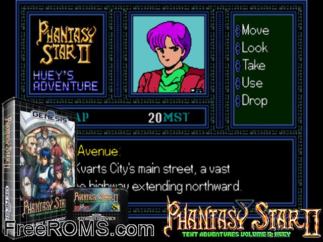 Phantasy Star II - Huey's Adventure (Japan) Genesis game showing 3D box cover and gameplay screenshot